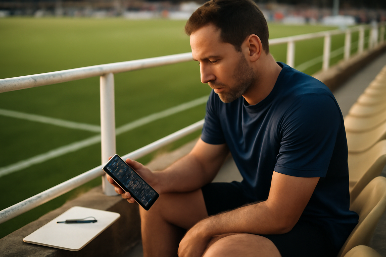 Consultation d’un match sur smartphone et carnet de notes au bord d’un terrain