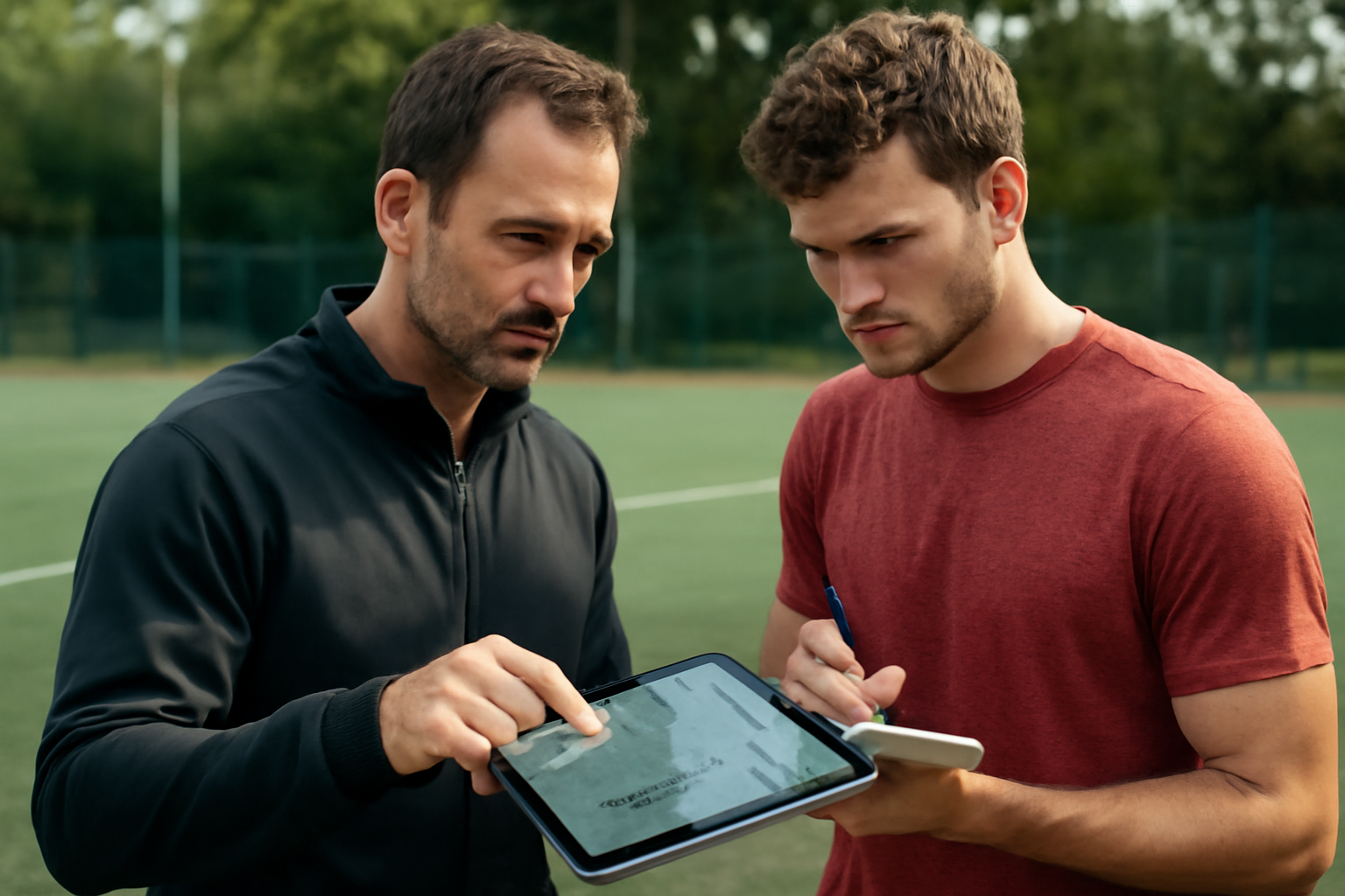 Entraîneur et sportif discutant d’un plan d’entraînement sur une tablette