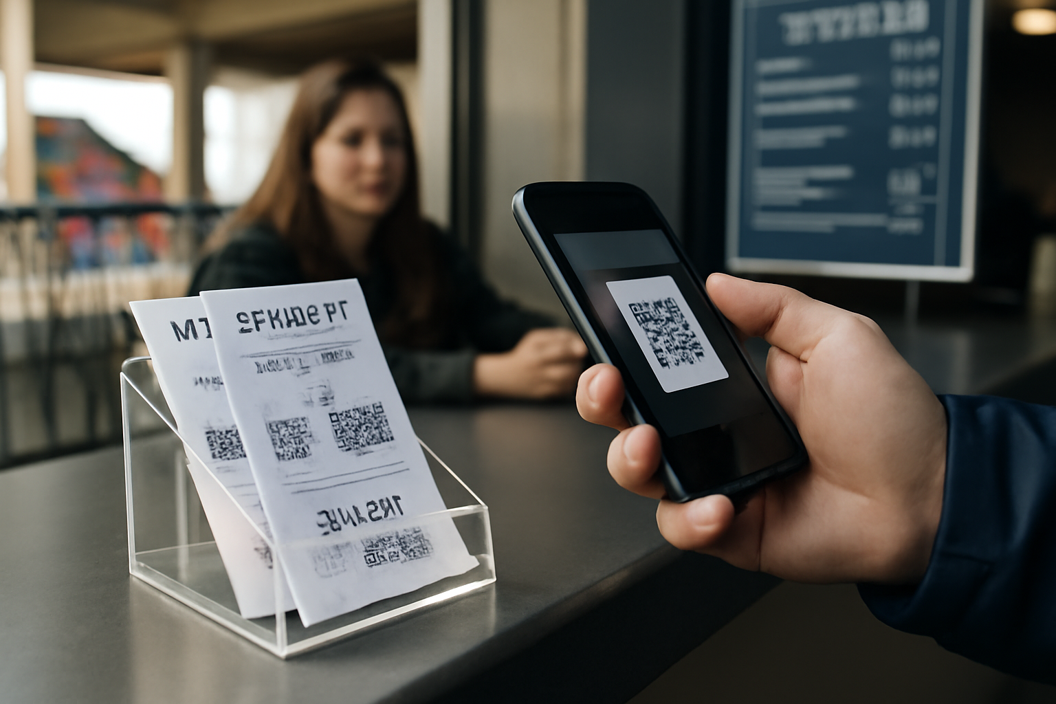 Billets de match et téléphone affichant une billetterie au comptoir d’un stade