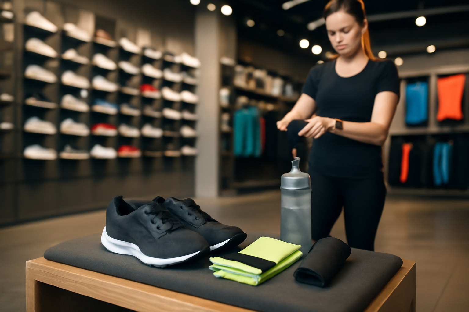 Équipement sportif aligné sur un banc avec chaussures et accessoires