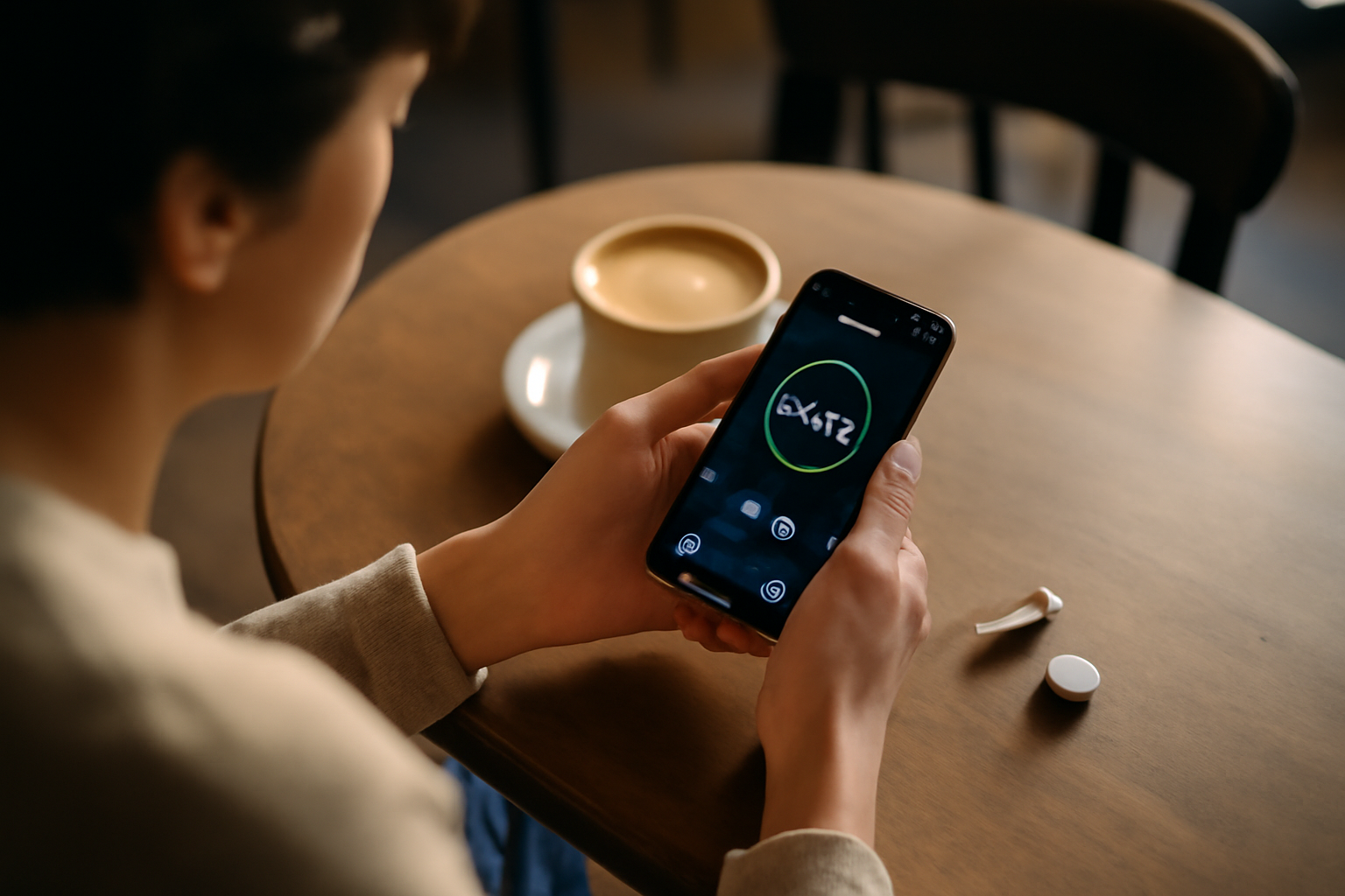Personne utilisant une appli sportive sur smartphone dans un café
