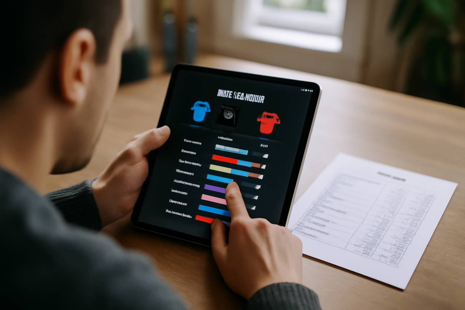 Tablette affichant des stats sport et tableau de gestion de budget