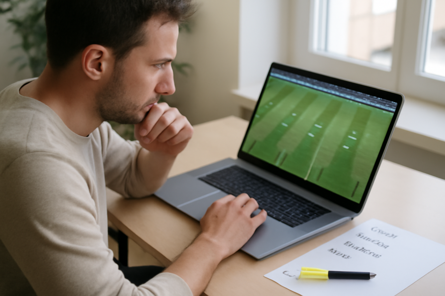 Analyse d’un match avec carnet et ordinateur portable dans un bureau calme