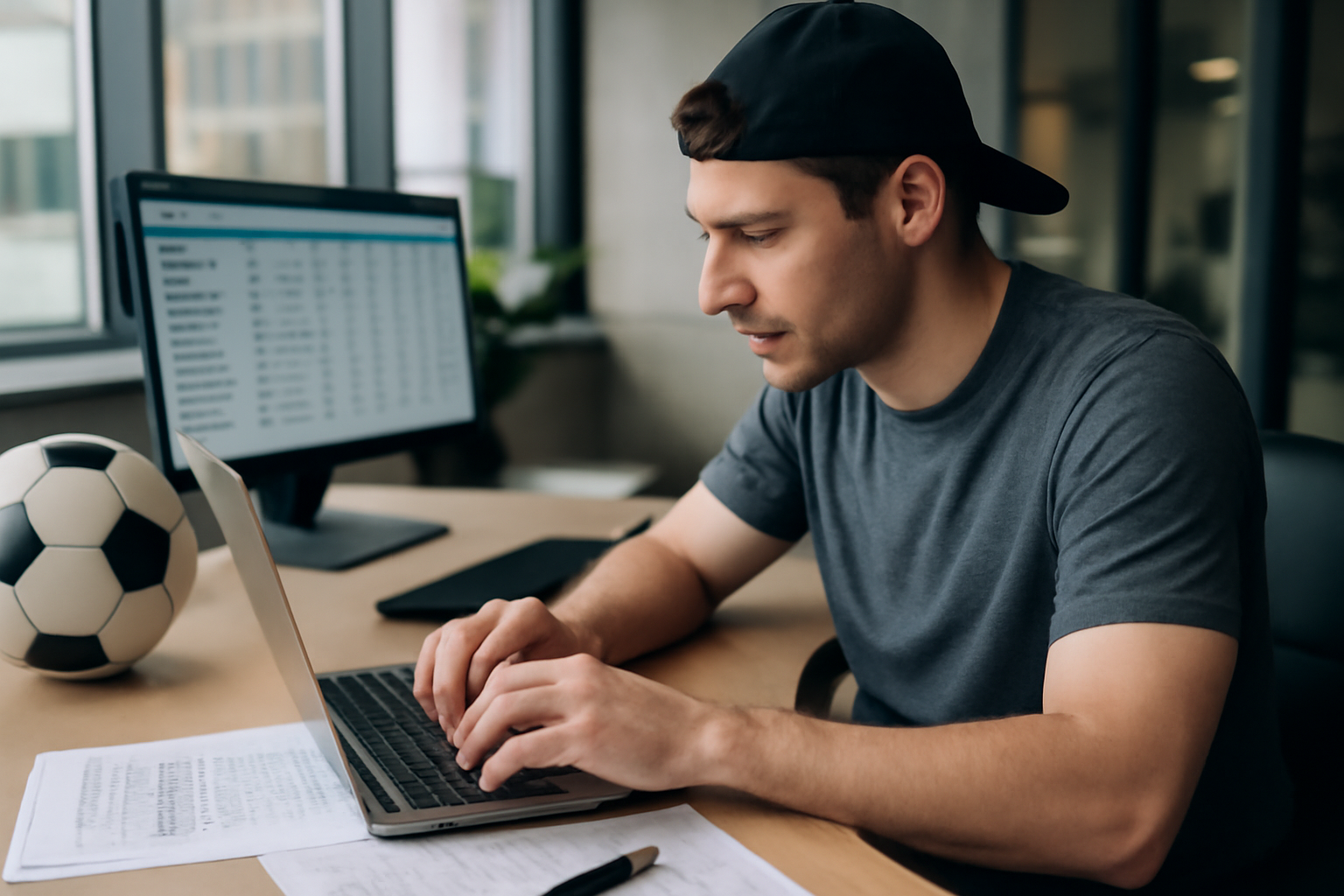 Rédaction d’un article sportif sur un ordinateur avec documents et tableaux de données, ambiance de bureau professionnel