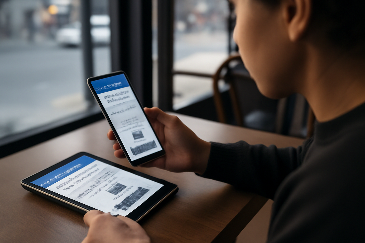 Personne comparant des billets de match sur un smartphone et une tablette, dans un café