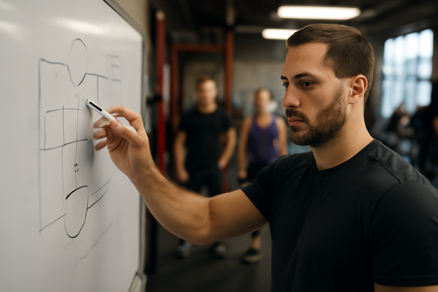 Salle de sport avec un coach expliquant un plan d’entraînement sur un tableau, ambiance réaliste