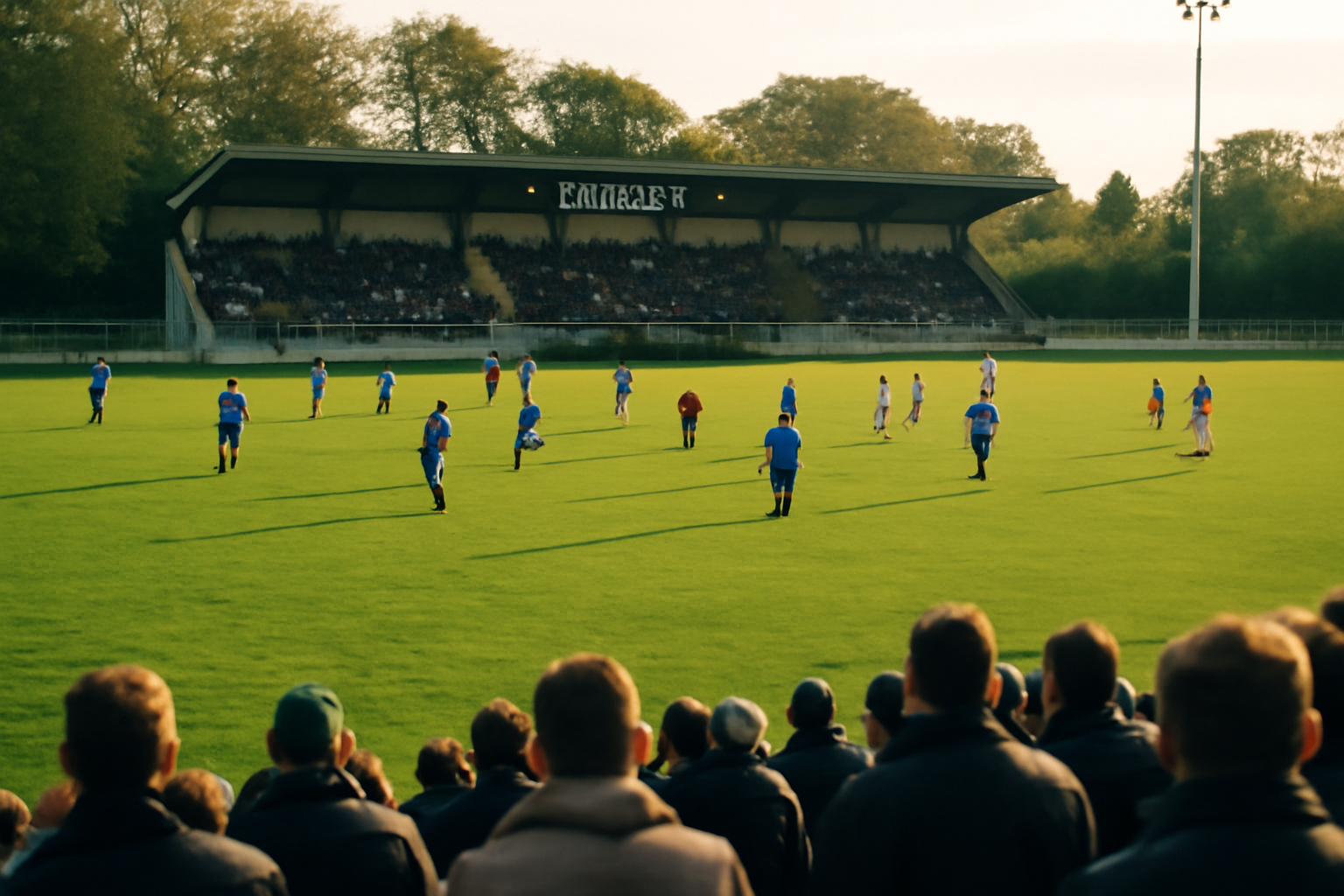 AFC Compiègne : vue du stade de football à Compiègne avec joueurs et supporters, match du week-end