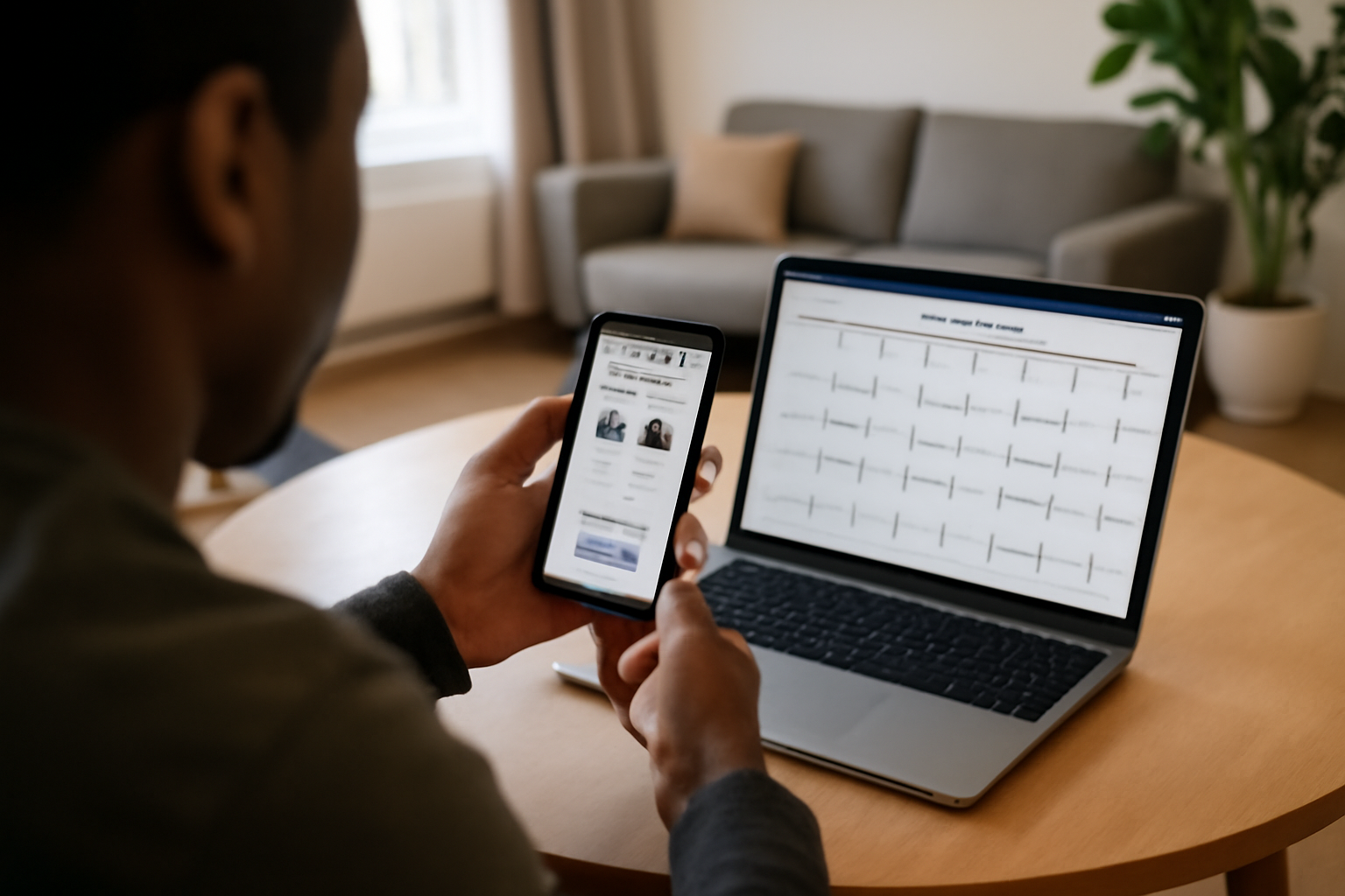 Personne comparant des billets de match sur un smartphone et un ordinateur, avec calendrier et horaires affichés