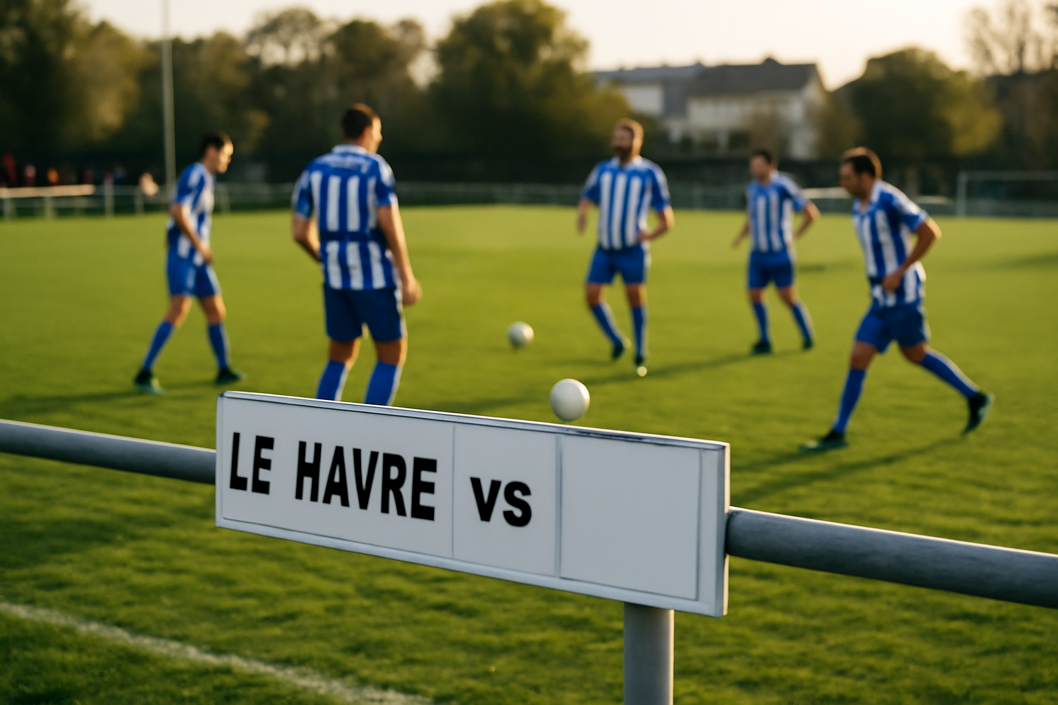 Stade et match de caucriauville foot, joueurs en tenue et panneau de match