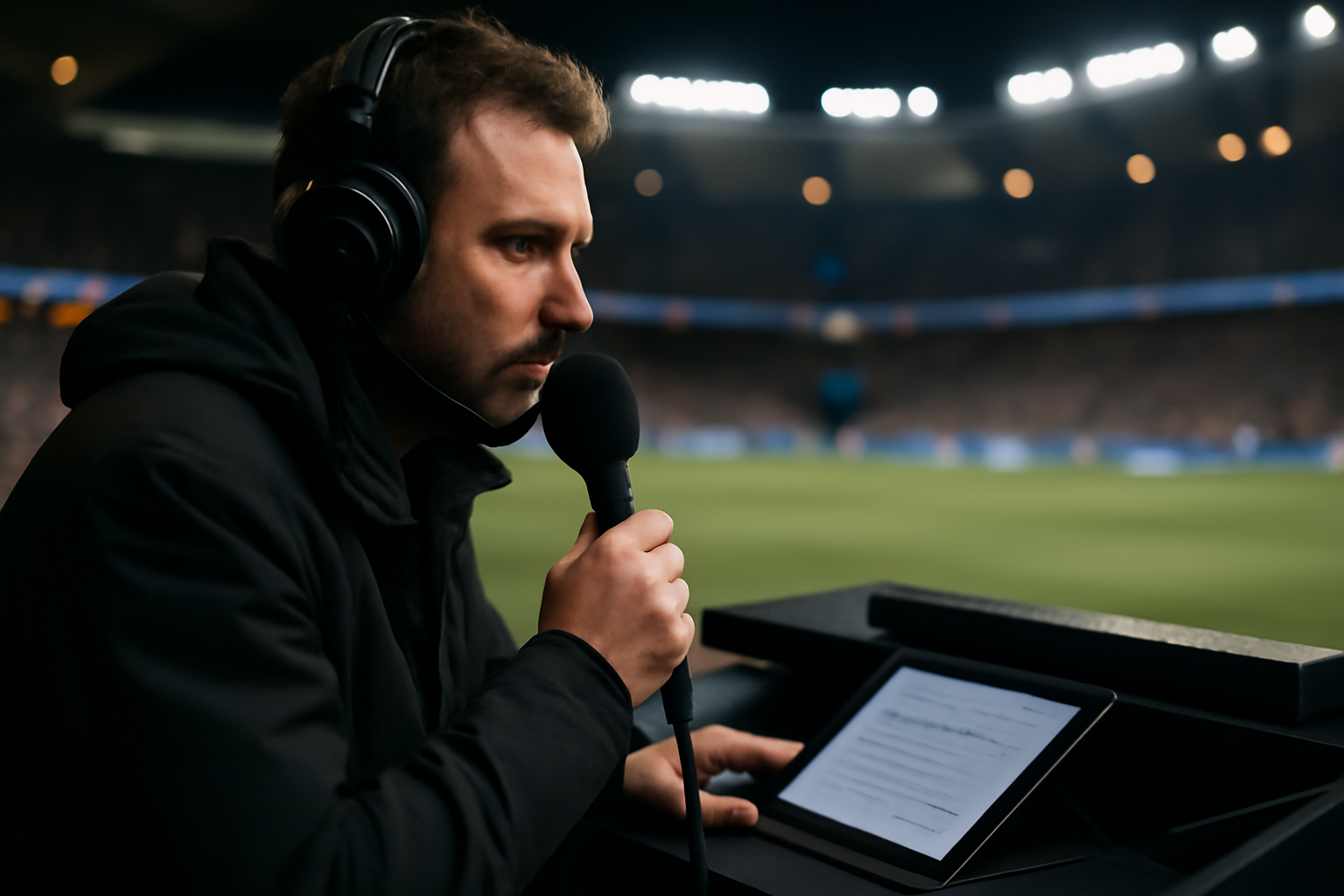 commentateur football au micro dans un stade, ambiance match