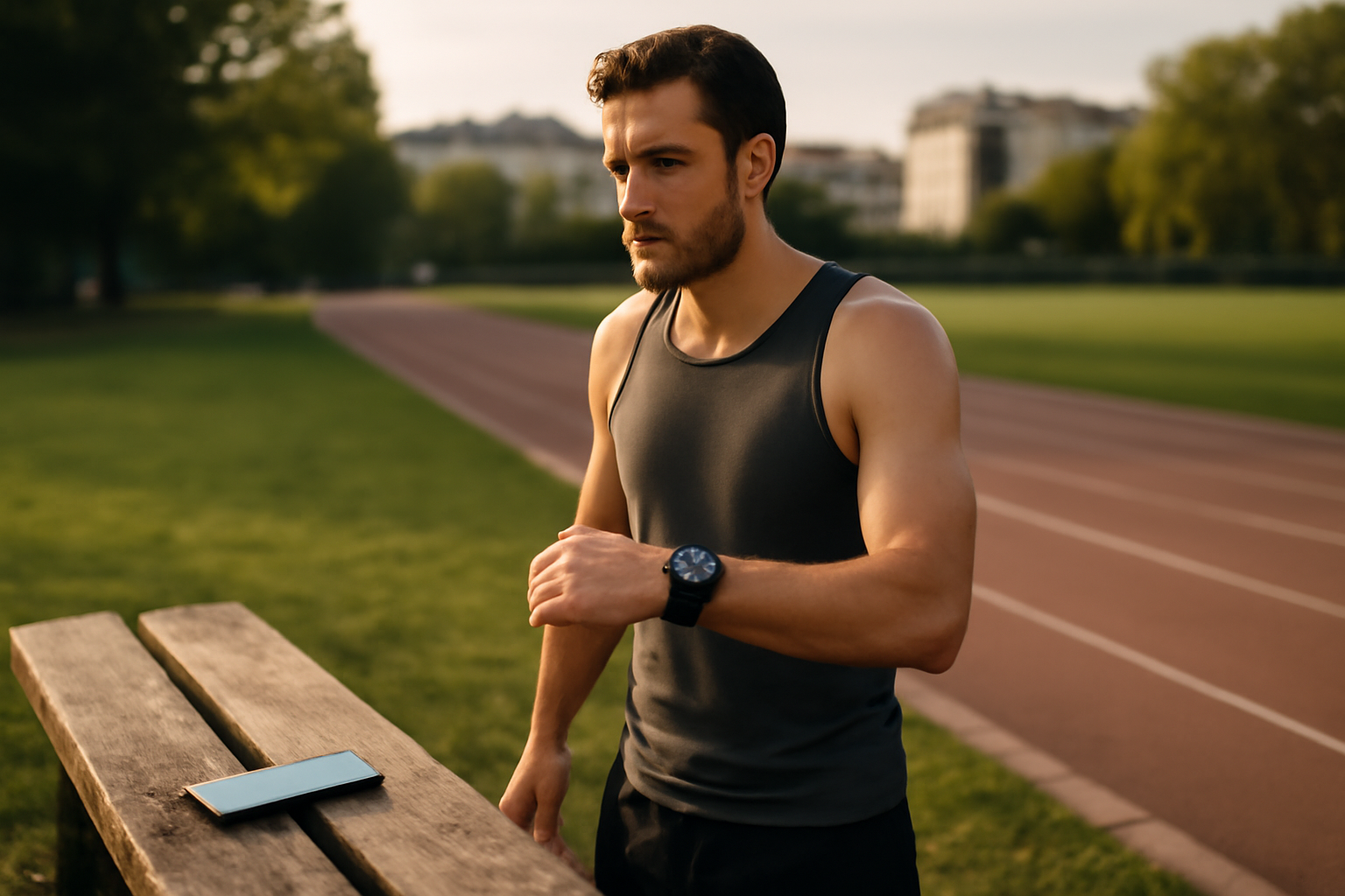 course à pied vitesse moyenne, montre GPS affichant distance et chrono sur un parc en France