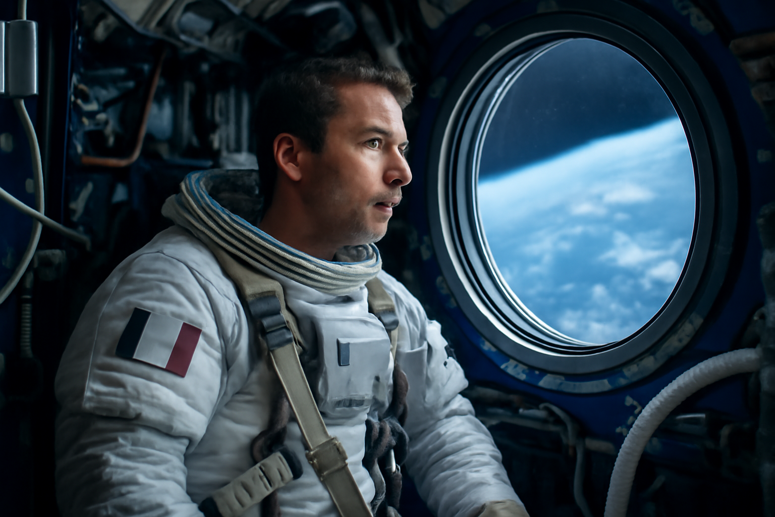 ent thomas pesquet à bord de l'ISS lors d'une mission spatiale, photo réaliste