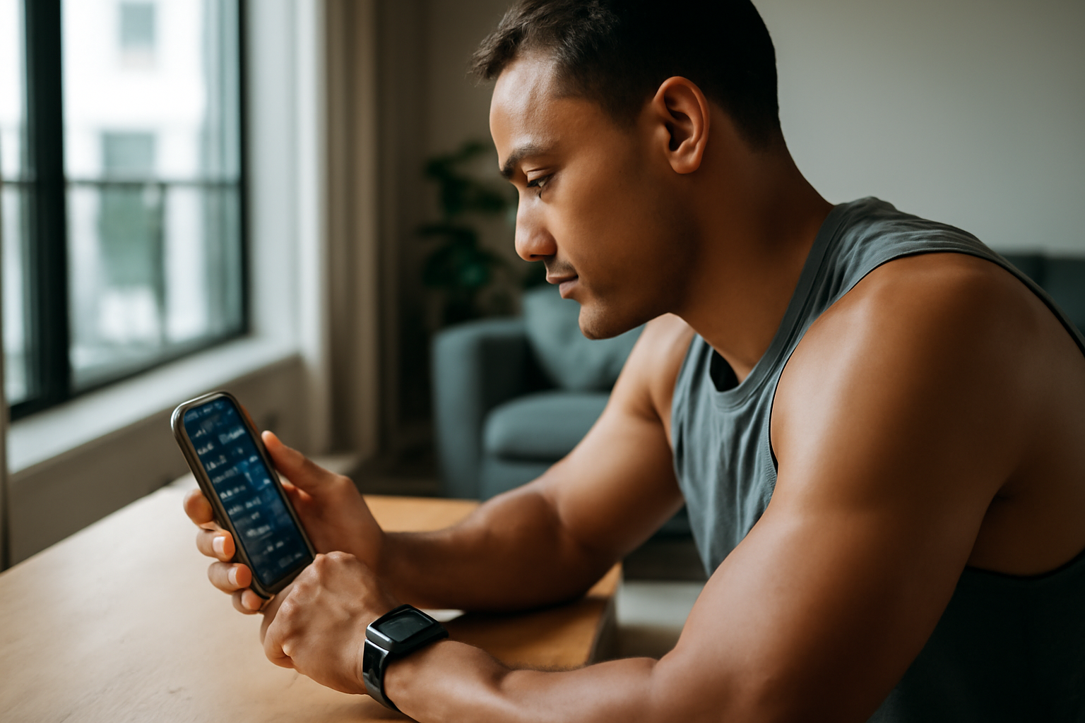Athlète équipé d’un smartphone et d’une montre connectée devant un tableau de suivi d’entraînement sur un écran de bureau