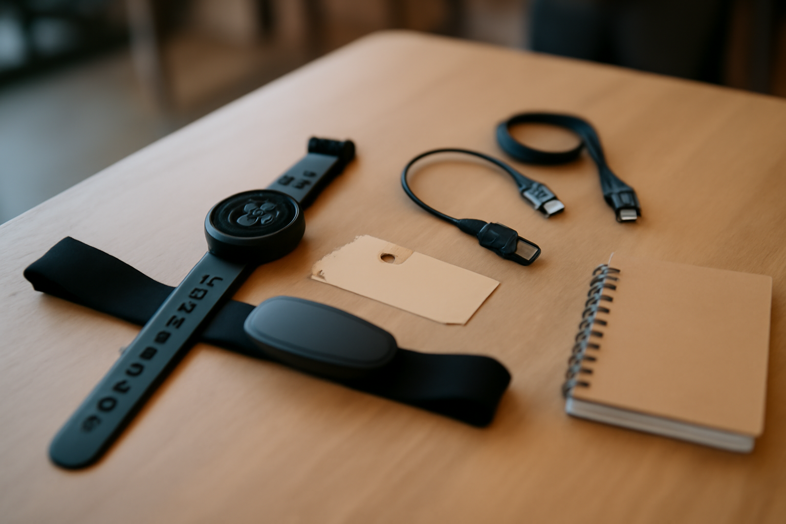 Comparaison de matériel sportif sur une table : montre connectée, capteurs, câbles USB et étiquette de prix