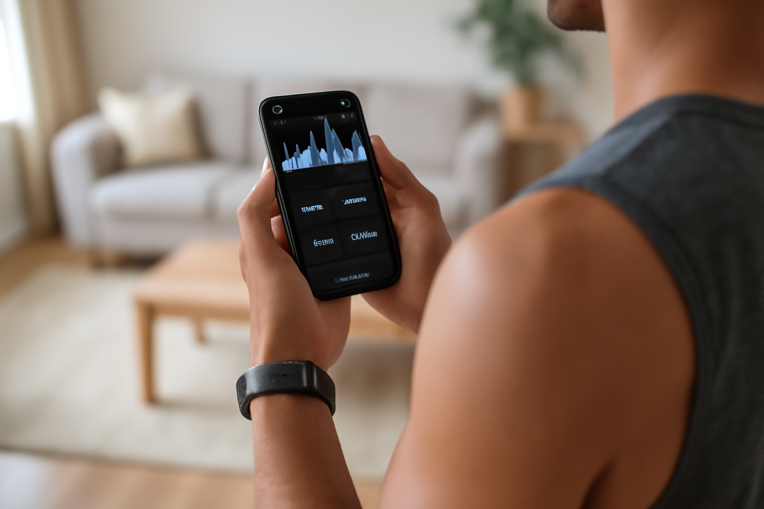 Personne consultant une application de suivi d’entraînement sur smartphone avec graphique de progression et historique de séances