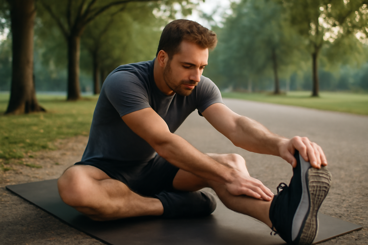 étirements après la course au sol sur tapis, coureur en récupération dans un parc