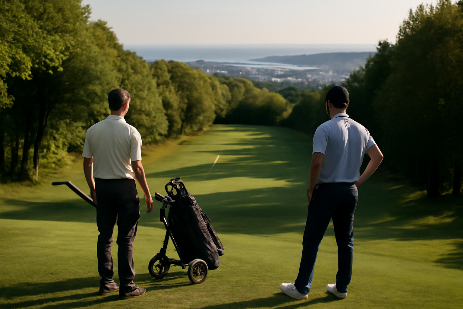 golf cherbourg, parcours 9 trous surplombant Cherbourg, joueurs au départ sous la lumière de Normandie