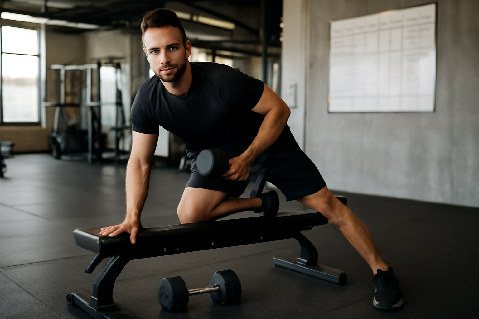 Salle de sport moderne avec un coach montrant un exercice de musculation sur un banc, haltères au sol et tableau d’entraînement