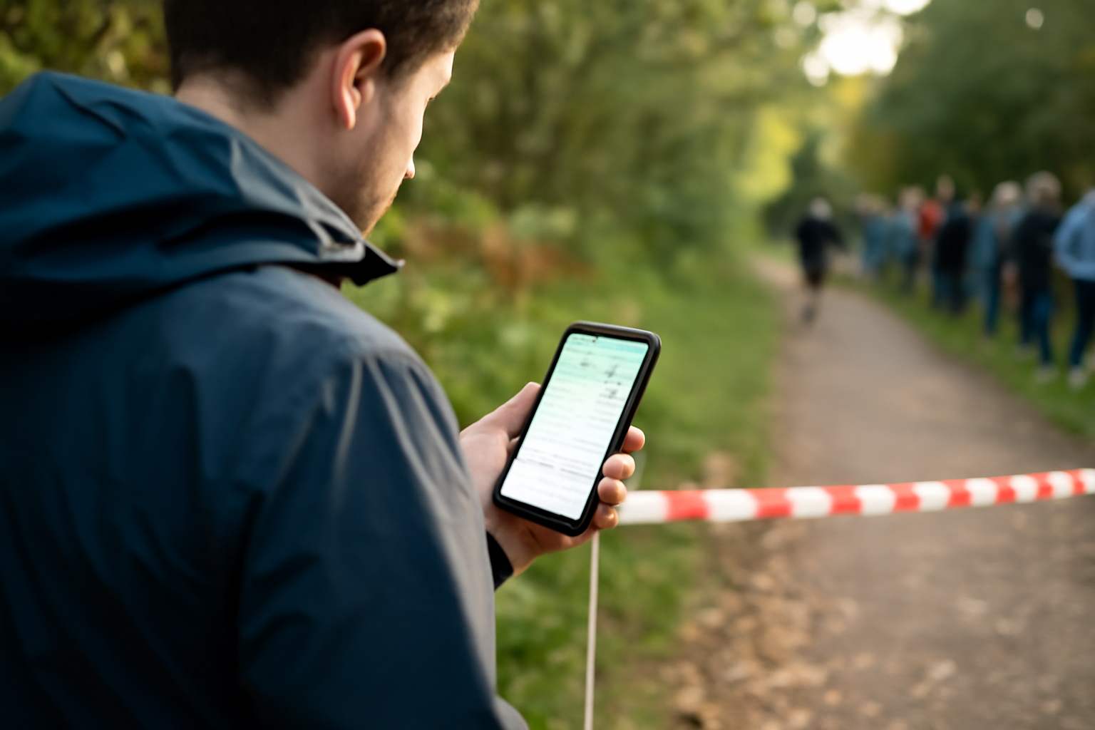 Suivi livetrail ecotrail sur téléphone lors d’une course EcoTrail, écran montrant passages et classement