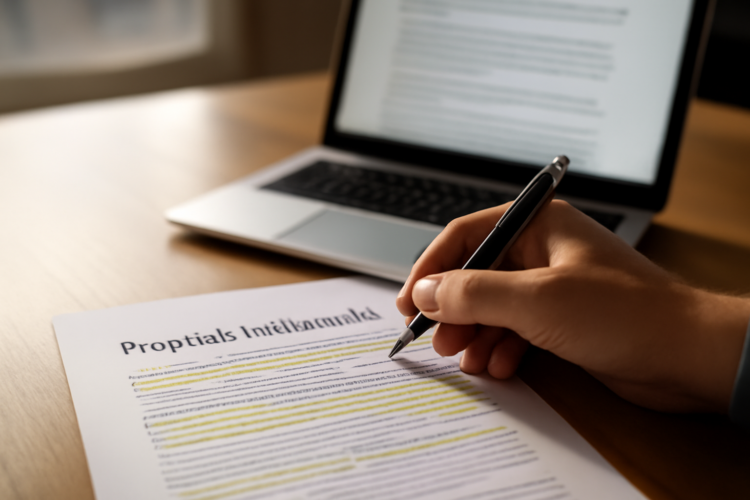 Main annotant un document de droits d’auteur sur un bureau, ambiance juridique