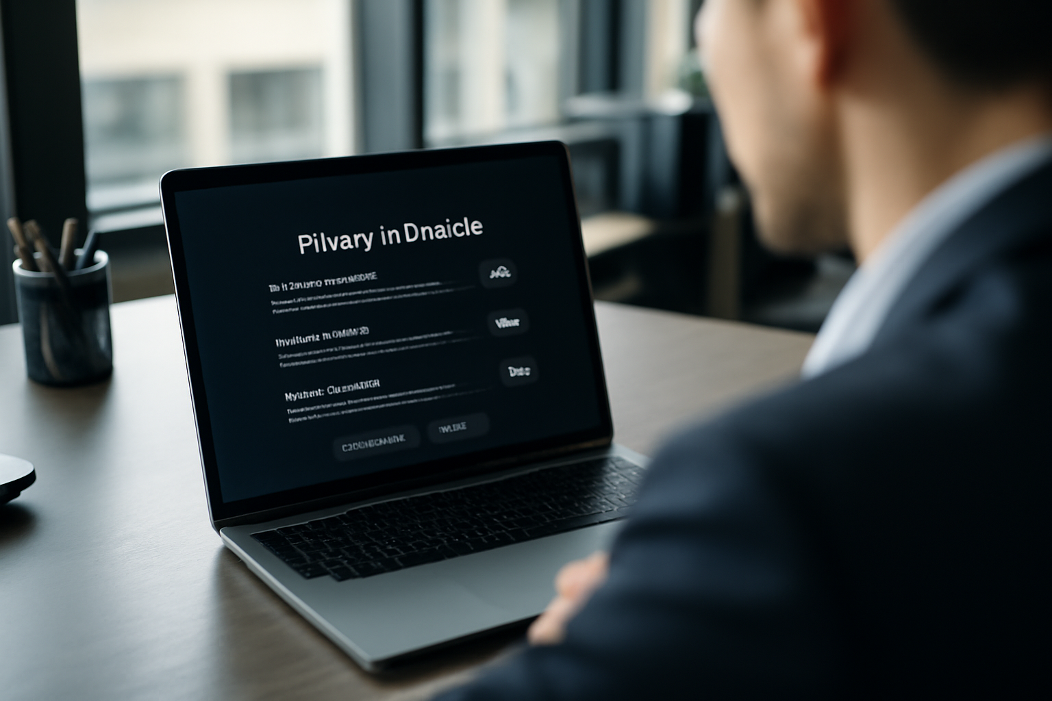 Écran d’ordinateur affichant des réglages de confidentialité et cookies, bureau moderne