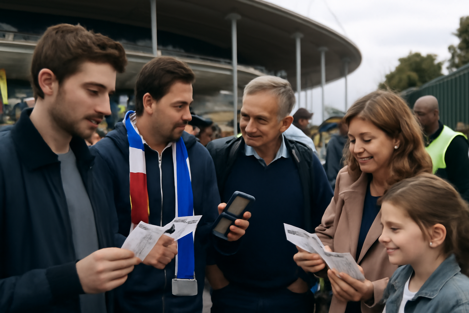 famille et amis devant un stade avec tickets et contrôle d’accès