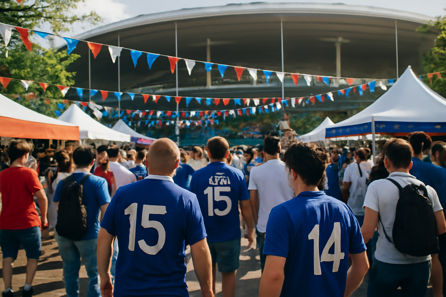 zone d’animation avant match avec stands et supporters dans un stade