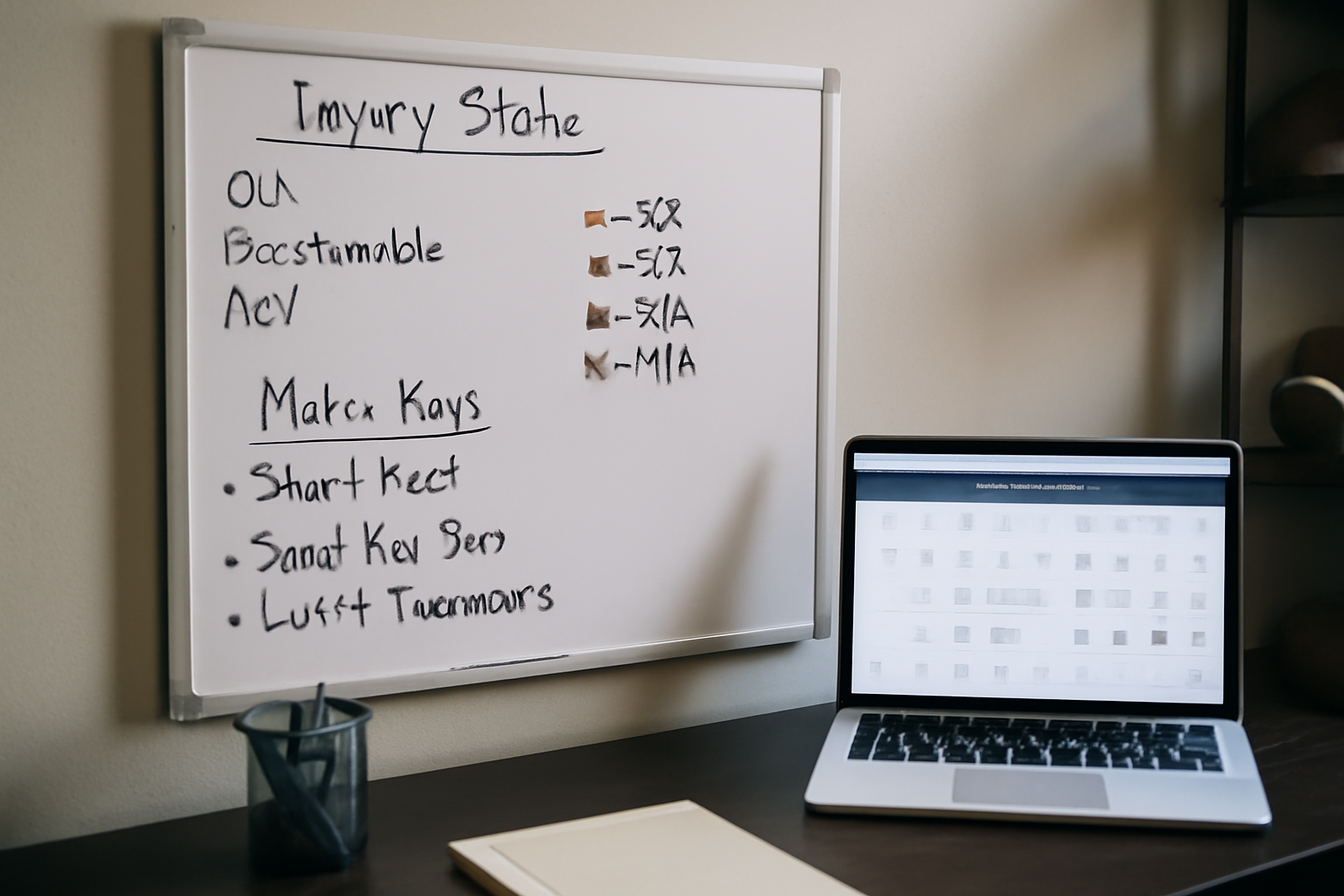Tableau blanc avec notes de match, statut blessures et calendrier, dans un espace de travail sportif