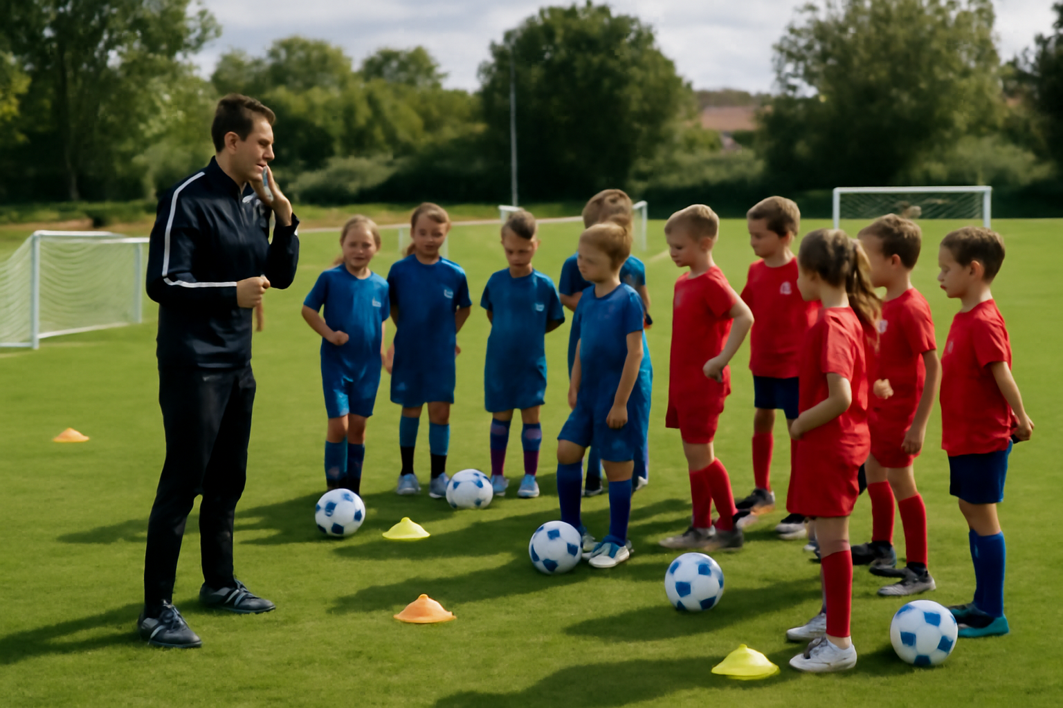 u11 foot séance d’entraînement sur terrain en herbe, plots, ballons et éducateurs
