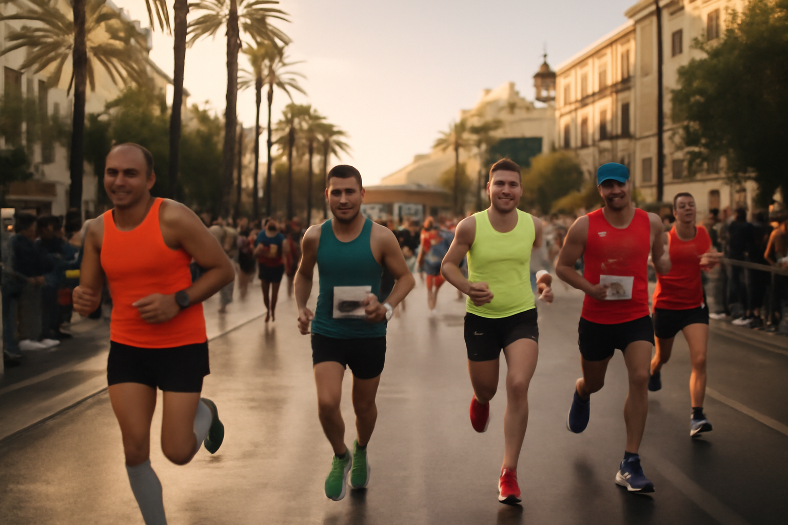 marathon de seville 2026 sur le parcours à Séville au lever du jour